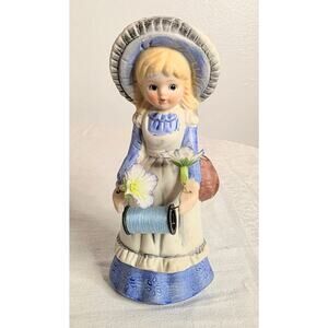 Vintage UCGC Porcelain Figurine Girl Sewing Mender Thread Spool 6" Tall Blue